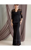 Black Zipper V-neck Chiffon Long Applique Column / Sheath Floor-length Sleeve Natural Mother of the Bride Dress