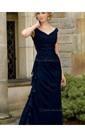 Dark Navy Natural Beading Cap Sleeve Chiffon V-neck Zipper Floor-length A-line Mother of the Bride Dress