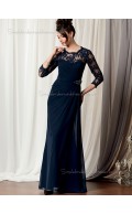 Dark Navy Long Sleeve Floor-length Zipper Round Chiffon Natural Column / Sheath Lace Mother of the Bride Dress