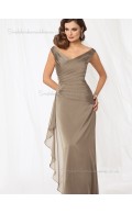 Brown Ruched Column / Sheath Chiffon Zipper V-neck Natural Floor-length Cap Sleeve Mother of the Bride Dress