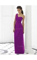 Chiffon Sleeveless Dropped Purple Ruched Floor-length One-Shoulder Column-Sheath Zipper-Back Bridesmaid Dress