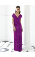 Short-Sleeve Ruched-Ruffles V-neck Purple Empire Zipper-Back Column-Sheath Floor-length Chiffon Bridesmaid Dress