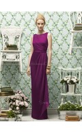 Natural Chiffon Floor-length Purple Zipper-Back Scoop Sleeveless Sash-Ruched-Ruffles Column-Sheath Bridesmaid Dress