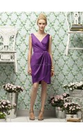 Zipper-Back Purple V-neck Ruched-Ruffles Column-Sheath Natural Satin Sleeveless Short-length Bridesmaid Dress