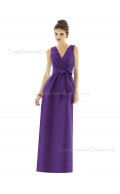 Empire V-neck Column-Sheath Purple Floor-length Zipper-Back Satin Sleeveless Bowknot-Ruched Bridesmaid Dress
