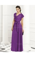 Zipper-Back Natural Purple Special Sash-Ruched A-line Short-Sleeve Chiffon Floor-length Bridesmaid Dress