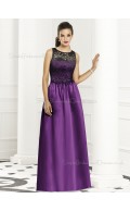 Dropped Sleeveless Satin Bateau Lace-Ruched A-line Purple Floor-length Bridesmaid Dress