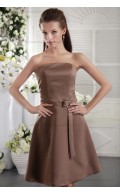 Brown Sheath Bow/Ribbons Natural Satin Zipper Short-length Strapless Sleeveless Bridesmaid Dress