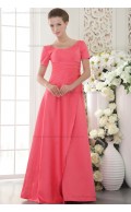 V-neck Satin Zipper Watermelon Short-Sleeve Sweep A-line Natural Beading/Side-Draped Bridesmaid Dress