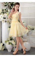 Champagne One-Shoulder Sleeveless Ruffles/Flowers/Draped Chiffon Natural Short-length Zipper Princess Bridesmaid Dress