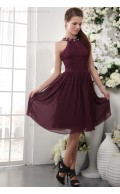 Natural Zipper Short-length Beading/Appliques/Ruffles/Draped Burgundy Chiffon/Elastic-Silk-like-Satin Sheath Sleeveless Scoop Bridesmaid Dress