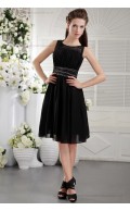 Short-length Black Natural Princess Beading/Ruffles/Draped Sleeveless Scoop Chiffon/Elastic-Silk-like-Satin Zipper Bridesmaid Dress