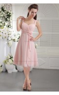 Chiffon/Elastic-Silk-like-Satin Sleeveless Natural Princess Zipper Straps Flowers/Ruffles Pink Short-length Bridesmaid Dress