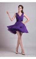 Natural Sleeveless Zipper Chiffon/Elastic-Woven-Satin A-line Mini V-neck Grape Flowers/Ruched/Draped Bridesmaid Dress