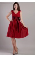 Red Mini A-line Bow/Draped Sleeveless V-neck Chiffon/Elastic-Silk-like-Satin Zipper Natural Bridesmaid Dress