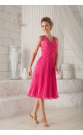 Pink Natural Sleeveless Ruched Silk-like Knee-Length Stain Square Zipper Chiffon/Elastic A-line Bridesmaid Dress