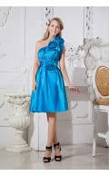 Sleeveless Blue One-Shoulder Knee-length Elastic-Woven-Satin Natural Zipper A-line Flowers/Ruched Bridesmaid Dress