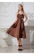 Sleeveless Chocolate Ruched Knee-length Natural Spaghetti-Straps/Sweetheart Satin/Organza Zipper A-line Bridesmaid Dress