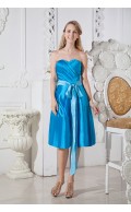 Elastic-Woven-Satin Sleeveless Knee-length A-line Zipper Natural Belt/Ruched Strapless/Sweetheart Blue Bridesmaid Dress