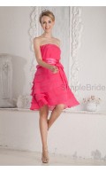 Sleeveless Knee-length A-line Strapless Natural Chiffon/Elastic-Silk-like-Satin Belt/Ruched Zipper Pink Bridesmaid Dress