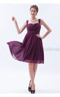 Natural Sleeveless Ruched/Beading A-line Grape Knee-length Chiffon Sweetheart Zipper Bridesmaid Dress