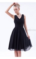 Black Sleeveless Zipper A-line Chiffon Natural Knee-length Ruched V-neck Bridesmaid Dress