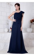A-line One-Shoulder Natural Floor-length Dark Chiffon Sleeveless Ruched/Ruffles/Belt Zipper Navy Bridesmaid Dress