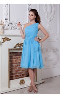 A-line Natural Sleeveless Ruched/Bow Zipper Knee-length Blue Chiffon One-Shoulder Bridesmaid Dress