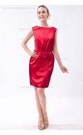 Elastic-Silk-like-Satin Natural Knee-length Sheath Sleeveless Zipper Ruched Red Bateau Bridesmaid Dress