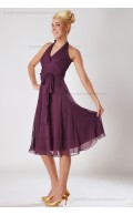 Zipper Chiffon Empire Sleeveless Knee-length A-line Fuchsia Ruched/Bow Halter Bridesmaid Dress