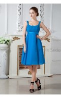 A-line Sleeveless Ruched Chiffon Square Zipper Knee-length Blue Empire Bridesmaid Dress