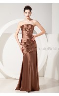 Zipper Ruched Strapless Natural Elastic-Silk-like-Satin Floor-length Sleeveless Sheath Brown Bridesmaid Dress