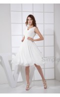 A-line V-neck Sleeveless Zipper Ruched/Cascade Chiffon Knee-length White Natural Bridesmaid Dress