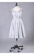 Mini Satin Zipper A-line Ruffles Sliver Natural V-neck Sleeveless Bridesmaid Dress