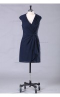 Navy Ruffles/Front-Cross V-neck Dark Sheath Chiffon/Elastic-Satin Natural Sleeveless Zipper Mini Bridesmaid Dress