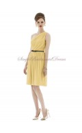 One-Shoulder Sleeveless Daffodil Maize Chiffon A-line Short-length Natural Draped/Sash Zipper Bridesmaid Dress