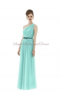 Floor-length Blue Chiffon Coastal One-Shoulder Draped/Sash Natural Zipper Sleeveless Column/Sheath Bridesmaid Dress