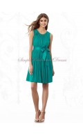 Sleeveless Scoop Chiffon Natural Bow/Draped A-line Short-length Hunter jade Zipper Bridesmaid Dress