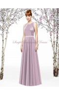 Sleeveless Floor-length Lavender Chiffon A-line suede-rose Zipper Natural Draped Scoop Bridesmaid Dress
