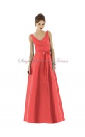 Satin Floor-length Red Straps/V-neck Natural firecracker Zipper A-line Sleeveless Ruffles/Bow Bridesmaid Dress