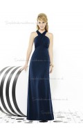 Midnight / Dark Navy Satin V-neck Empire Ruched Mermaid Sleeveless Floor-length Bridesmaid Dress