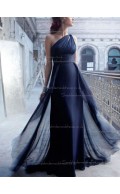 Dark Navy Empire Column / Sheath Floor-length Chiffon One Shoulder Bridesmaid Dress