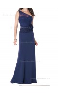 Dark Navy Floor-length Natural One Shoulder Chiffon Column / Sheath Bridesmaid Dress