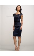 Dark Navy Column / Sheath Natural Bateau Lace Knee-length Bridesmaid Dress