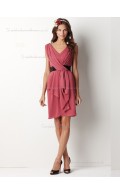 Watermelon V-neck Chiffon Knee-length Column / Sheath Empire Bridesmaid Dress