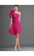 Red Chiffon Natural Column / Sheath Short-length One Shoulder Bridesmaid Dress