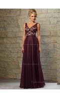 Grape A-line Natural V-neck Floor-length Lace Bridesmaid Dress