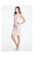 pink Lace Knee-length Scoop Natural Column / Sheath Bridesmaid Dress