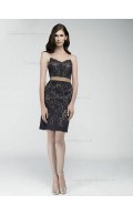 Black Short-length Column / Sheath Lace Natural V-neck Bridesmaid Dress