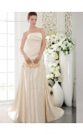 Champagne Natural Strapless Sweep Satin A-line Bridesmaid Dress